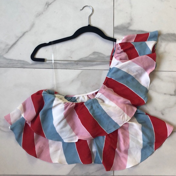 NEW! Striped & Ruffled One-Shouldered Top - Picture 2 of 6